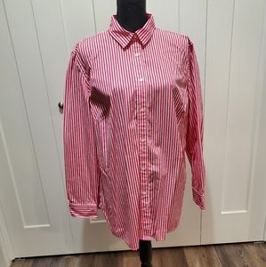 Pink and white stripped button down shirt.